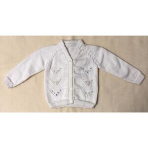 Vintage 90s Knit Cardigan Sweater Girls 3-6M White Pastel Floral Embroidered